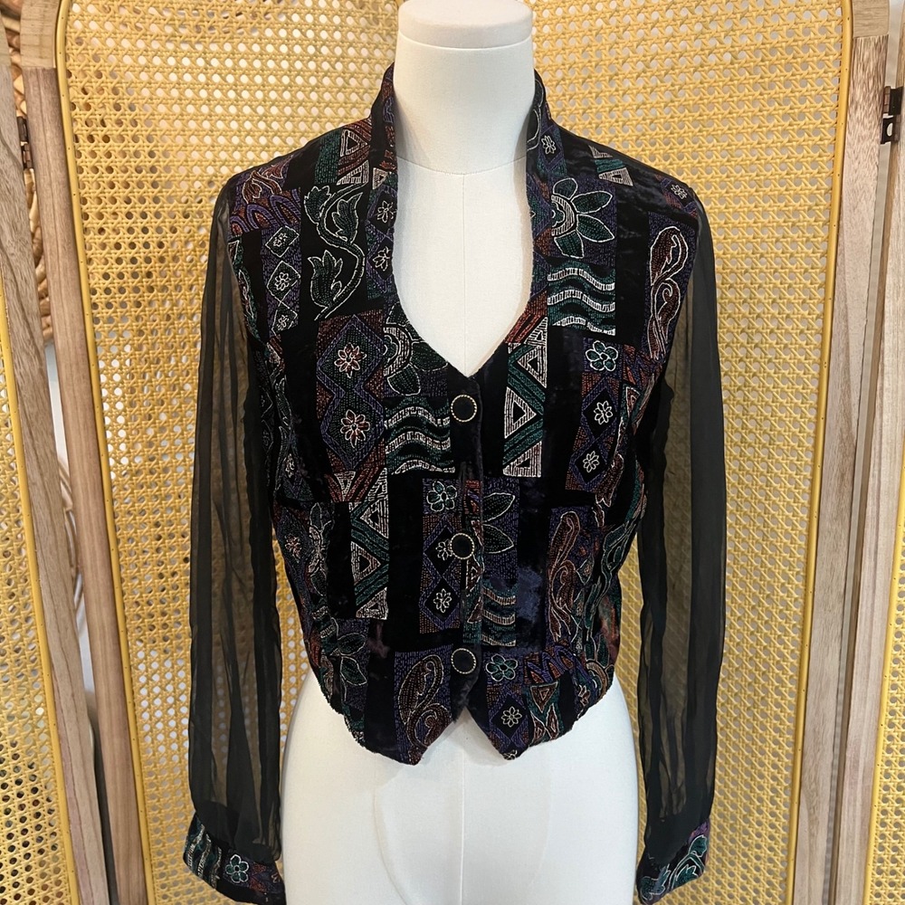 Vintage By Choice Black Velvet Sheer Sleeve Beaded Patchwork Cropped Blazer S - Picture 2 of 11